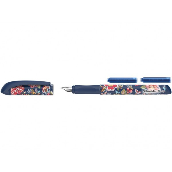 Set stilou cu penita si 2 rezerve Schneider Voice albastru inchis cu imprimeu floral [2]