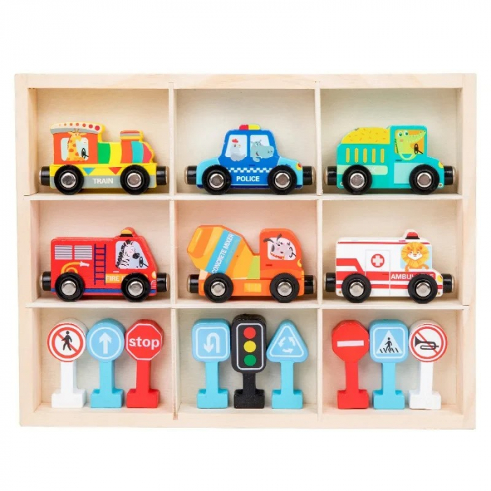 Set vehicule din lemn cu prindere magnetica si semne de circulatie [5]