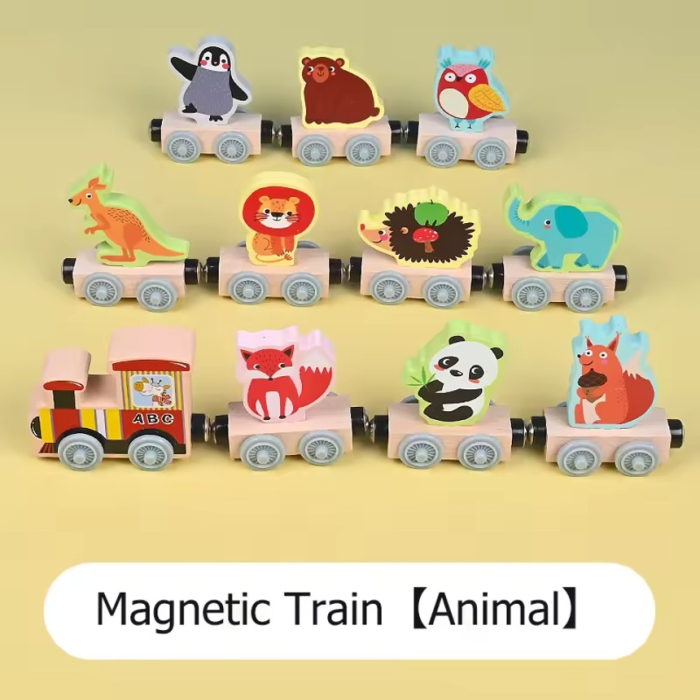 Trenulet din lemn cu prinderi magnetice 11 piese animale salbatice Little Train [3]