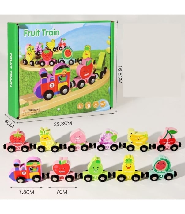 Trenulet din lemn cu prinderi magnetice, Model fructe, 10 vagoane [3]