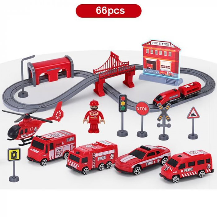 Trenulet electric cu sine si accesorii 66 de piese pompieri DIY Track fire rescue train [3]