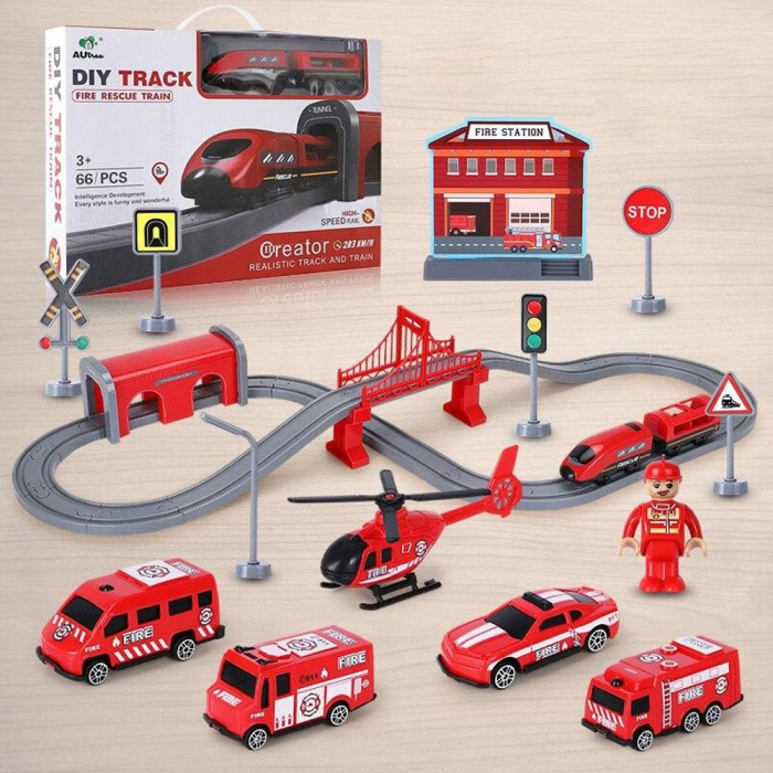Trenulet electric cu sine si accesorii 66 de piese pompieri DIY Track fire rescue train [2]
