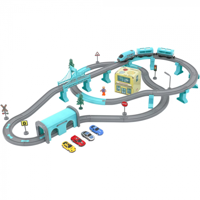 Trenulet electric cu sine si accesorii 92 de piese DIY Track city train [3]