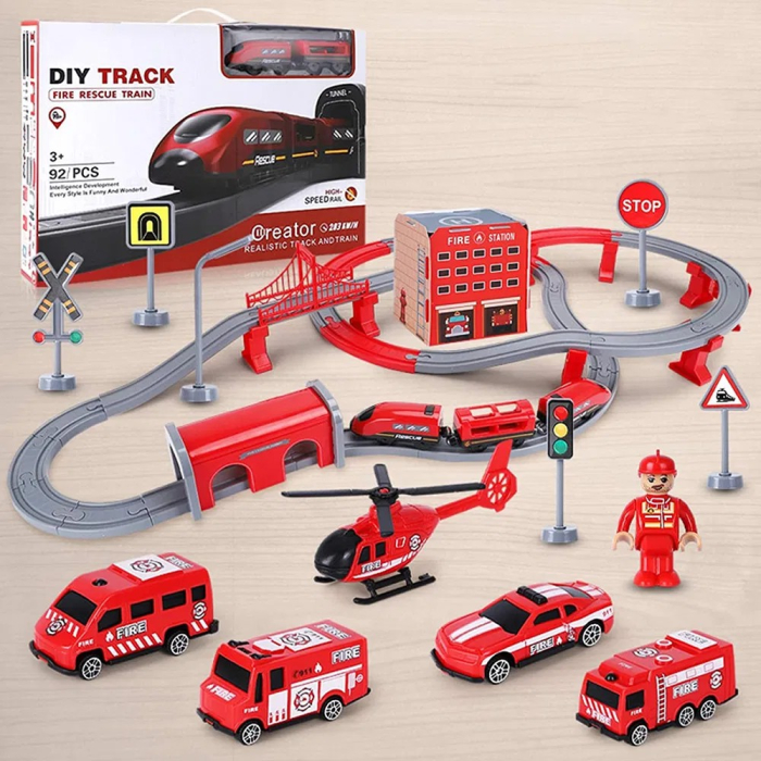 Trenulet electric cu sine si accesorii 92 de piese pompieri DIY Track fire rescue train [2]