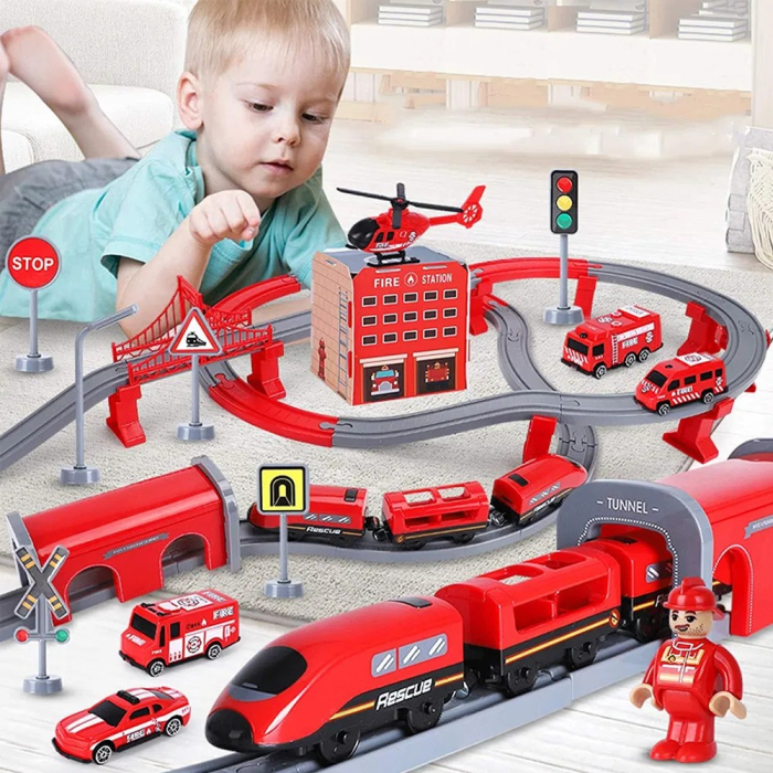 Trenulet electric cu sine si accesorii 92 de piese pompieri DIY Track fire rescue train [3]