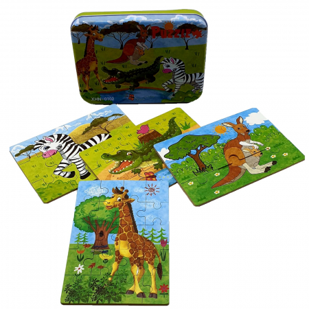 Jocuri Educative - Set 4 puzzle in cutie metalică-ANIMALE SAFARI