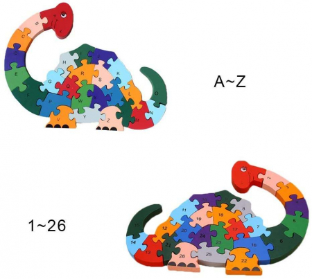 Jocuri Educative - Puzzle DINOZAUR din lemn, cu piese mari