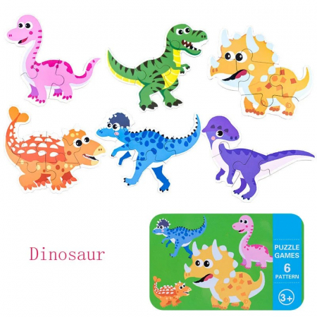 Jocuri Educative - Set 6 puzzle în cutie metalică- DINOZAURI