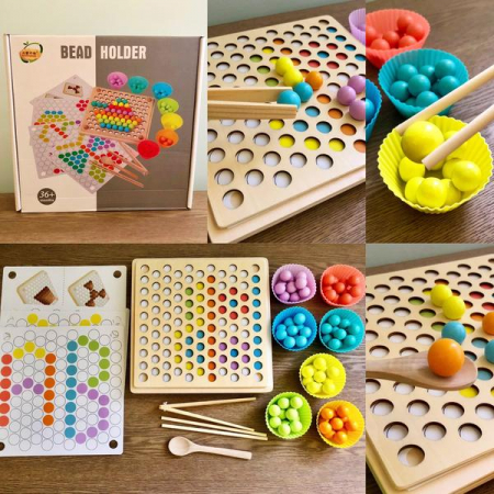 Jucărie din lemn de tip Montessori de îndemânare și asociere cu bile colorate BEAD HOLDER [0]