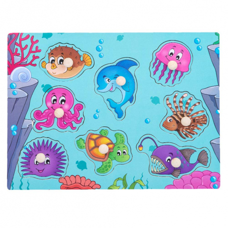 Jocuri Educative - Puzzle incastru din lemn cu butoni - animale marine