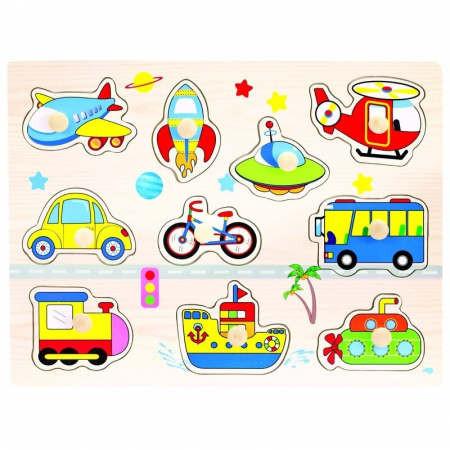 Jocuri Educative - Puzzle incastru din lemn cu butoni - mijloace de transport 2