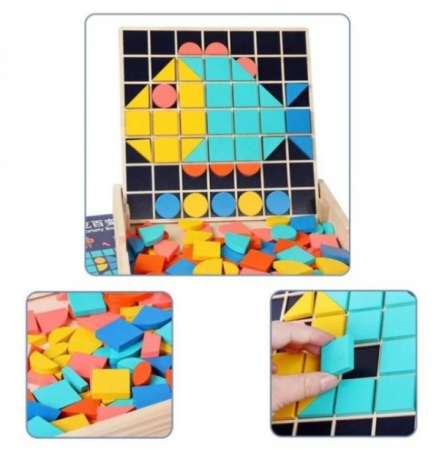 Set Mozaic 3 în 1 din lemn - Puzzle Mozaic tip Tangram, tablă de scris cu carioca lavabilă și joc de calcule matematice [1]