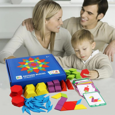 Joc tangram puzzle de tip Montessori din lemn - Pattern Blocks [2]