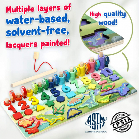 Jucărie multifuncțională din lemn PUZZLE 3D, JOC DE STIVUIT, JOC DE PESCUIT MAGNETIC - DINOZAURI [1]