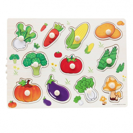 Jocuri Educative - Puzzle incastru legume din lemn cu butoni