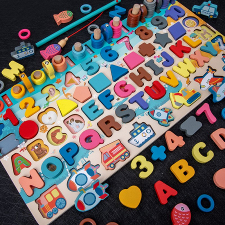 Jocuri Educative - Jucărie multifuncțională 7 în 1 din lemn PUZZLE 3D, JOC DE STIVUIT, JOC DE PESCUIT MAGNETIC - MIJLOACE DE TRANSPORT