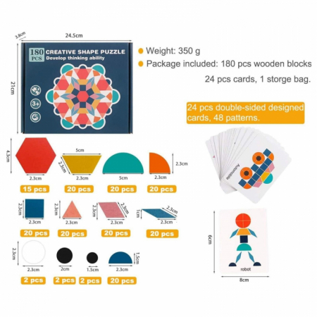 Joc tangram din lemn 180 piese - Creative shape puzzle [4]