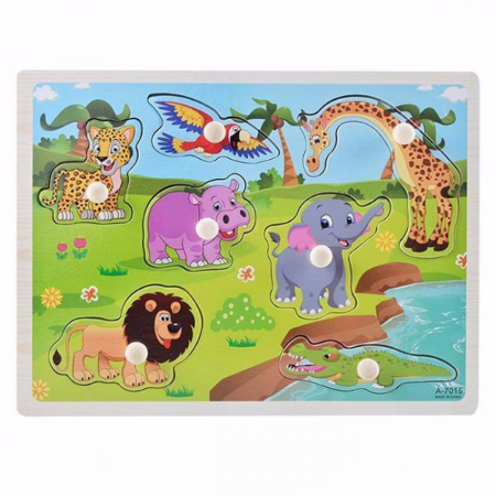 Jocuri Educative - Puzzle incastru din lemn cu butoni - animale vesele în junglă