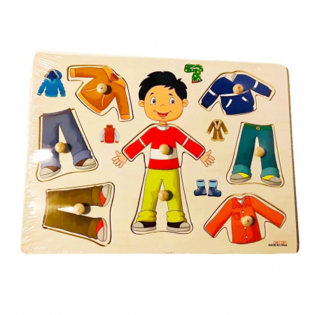 Jucării creative - Puzzle incastru din lemn cu butoni - Imbracă băiețelul