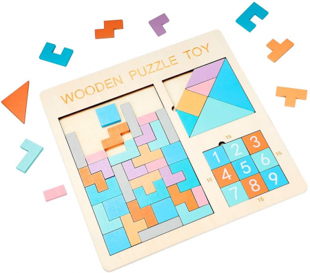 Jucării creative - Puzzle din lemn 3 în 1 - TETRIS, TANGRAM, CIFRE