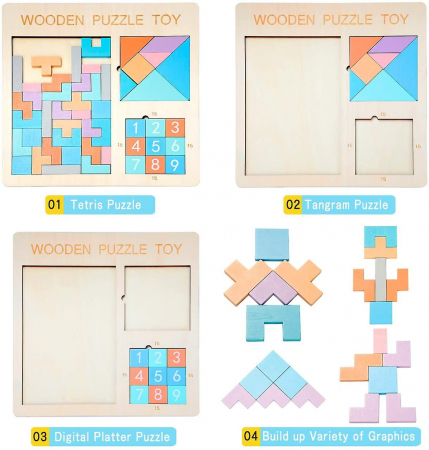 Puzzle din lemn 3 în 1 - TETRIS, TANGRAM, CIFRE [2]