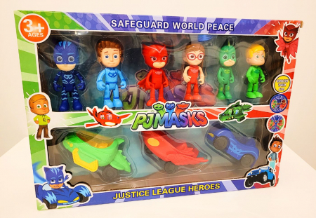 Jucării personaje din desene animate - Set 6 figurine şi 3 maşinuţe EROI ÎN PIJAMALE