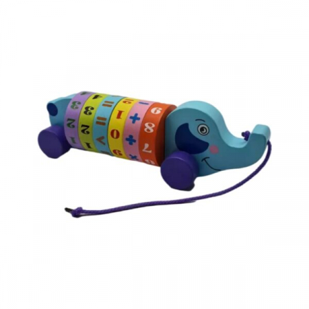 Jucării din lemn - Jucărie de tras pe roţi din lemn cu cilindru socotitor ELEFANT