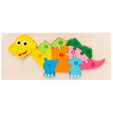 Jocuri Educative - Puzzle incastru în relief din lemn DINOZAUR cu numere