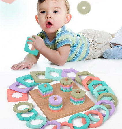 PROMOŢII - Joc de tip Montessori - Sortator cu 4 forme geometrice pastel - Four Sets Of columns
