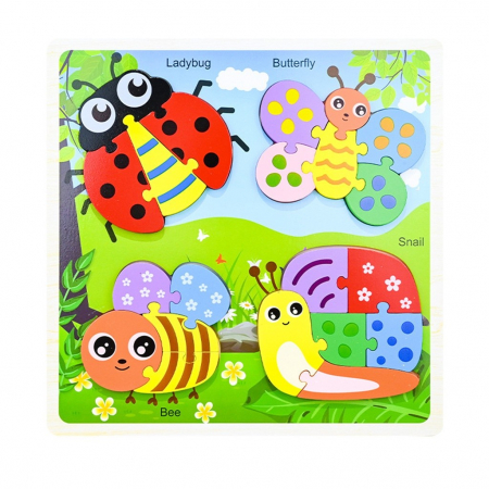 Jocuri Educative - Puzzle incastru din lemn în relief 4 în 1 INSECTE