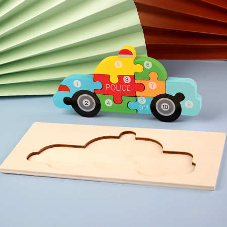 Jocuri Educative - Puzzle incastru în relief din lemn MAŞINĂ DE POLIŢIE cu numere