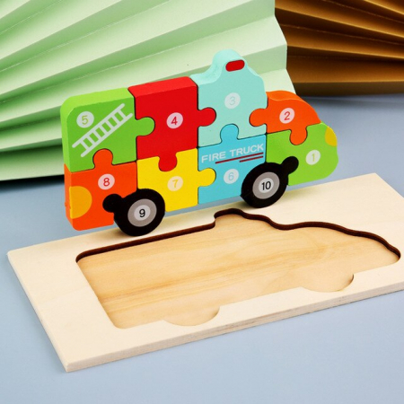 Jucării - Puzzle incastru în relief din lemn MAŞINĂ DE POMPIERI cu numere 2