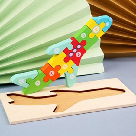 Jocuri Educative - Puzzle incastru în relief din lemn AVION cu numere 2