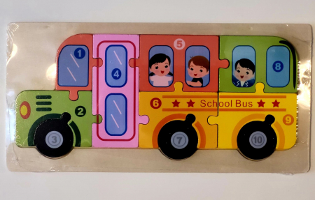 Jocuri Educative - Puzzle incastru în relief din lemn AUTOBUZ ŞCOLAR cu numere