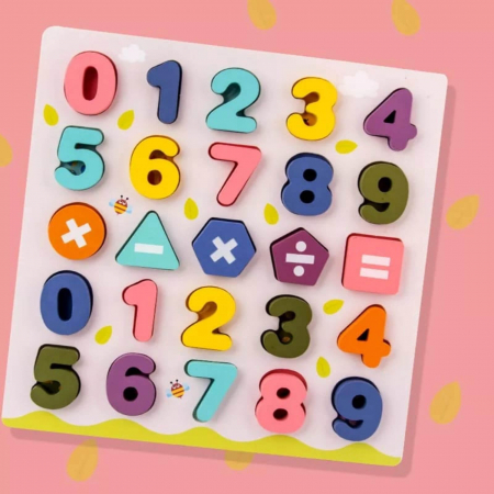 Jucării - Puzzle incastru din lemn cu numere, forme geometrice şi operaţii aritmetice în relief
