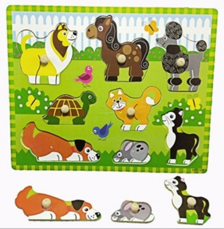 Jocuri Educative - Puzzle incastru din lemn cu butoni - animale domestice în grădină