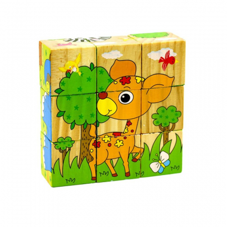 Jocuri Educative - Set 9 cuburi din lemn cu puzzle animale din junglă