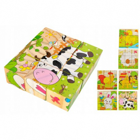 Jocuri Educative - Set 9 cuburi din lemn cu puzzle animale de la fermă