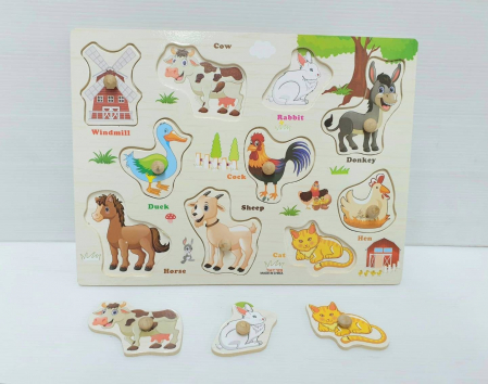 Jocuri Educative - Puzzle incastru din lemn cu butoni - FERMA 2