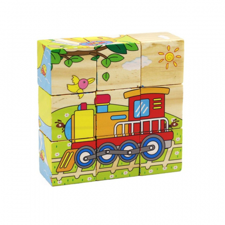 Jocuri Educative - Set 9 cuburi din lemn cu puzzle mijloace de transport