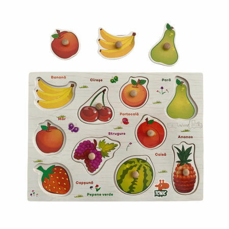 Puzzle incastru din lemn cu butoni FRUCTE în limba română [1]