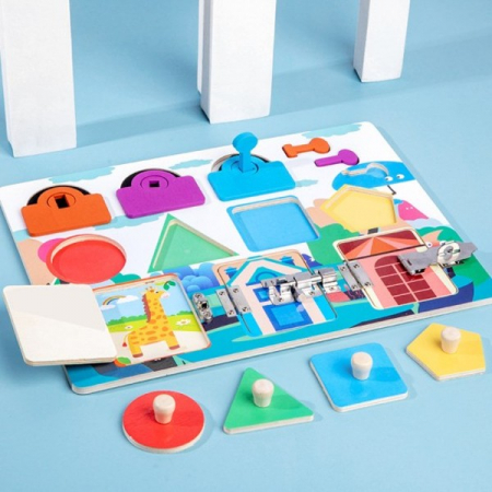 Jocuri Educative - Placa din lemn puzzle si activitati Montessori incuietori