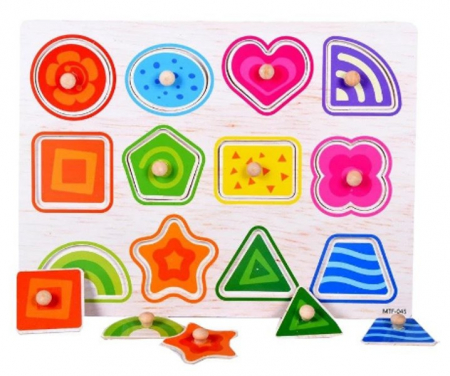 Jocuri Educative - Puzzle incastru forme geometrice din lemn cu butoni 2