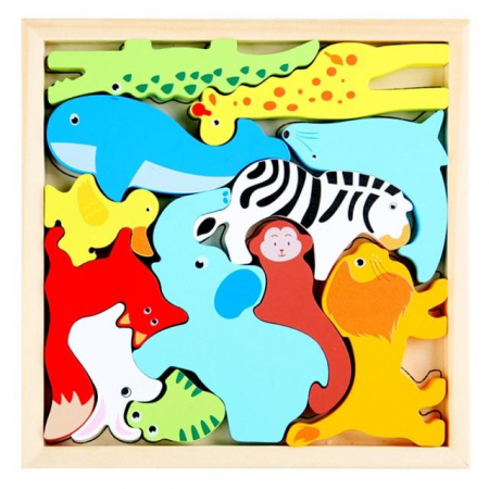 Jocuri Educative - Puzzle din lemn 3D Tetris ANIMALE ZOO