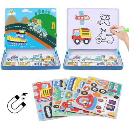 Jocuri Educative - Set 2 in 1 puzzle magnetic in cutie metalica si tabla de scris MIJLOACE DE TRANSPORT