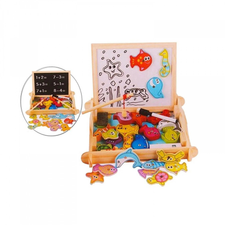 Jucării creative - Set 2 in 1 pescuit magnetic si tabla de scris si desenat din lemn - Fishing drawing board