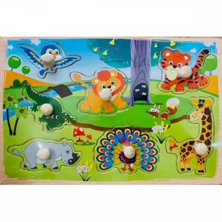Jocuri Educative - Puzzle incastru din lemn cu butoni - animale vesele în junglă 3