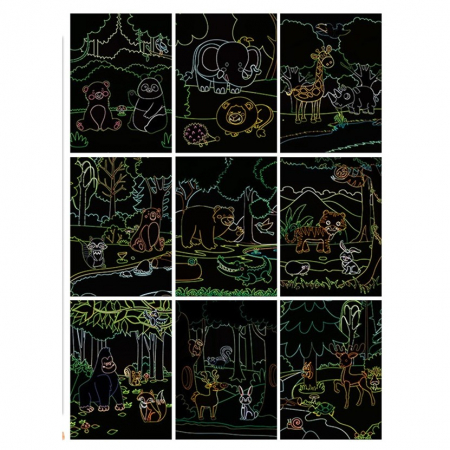 Caiet cu 9 fise razuibile de colorat si razuit cu creion din bambus model animale in padure 14 x 19 cm [1]