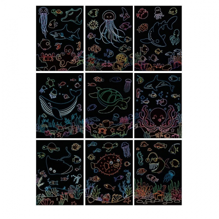 Caiet cu 9 fise razuibile de colorat si razuit cu creion din bambus model animale marine 14 x 19 cm [1]