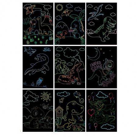 Caiet cu 9 fise razuibile de colorat si razuit cu creion din bambus model dinozauri 14 x 19 cm [1]